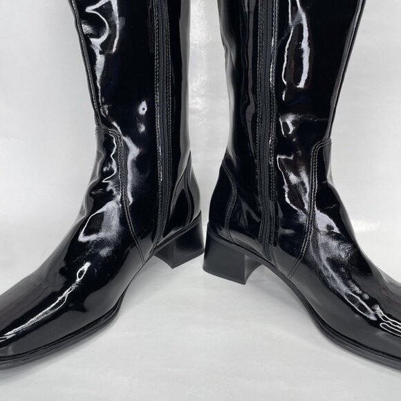 LA CANADIENNE Tall Black Patent Leather Boots Sz 8 Knee High Square Toe - Picture 5 of 8